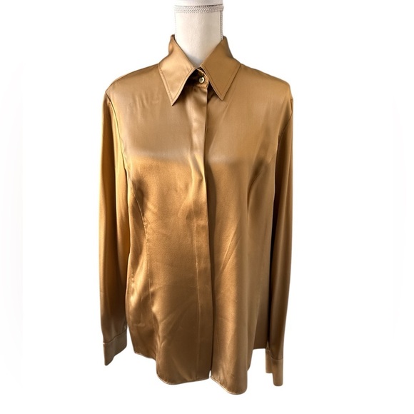 Almost new -Lafayette 148 size 14 100% silk satin gold blouse - Picture 1 of 9